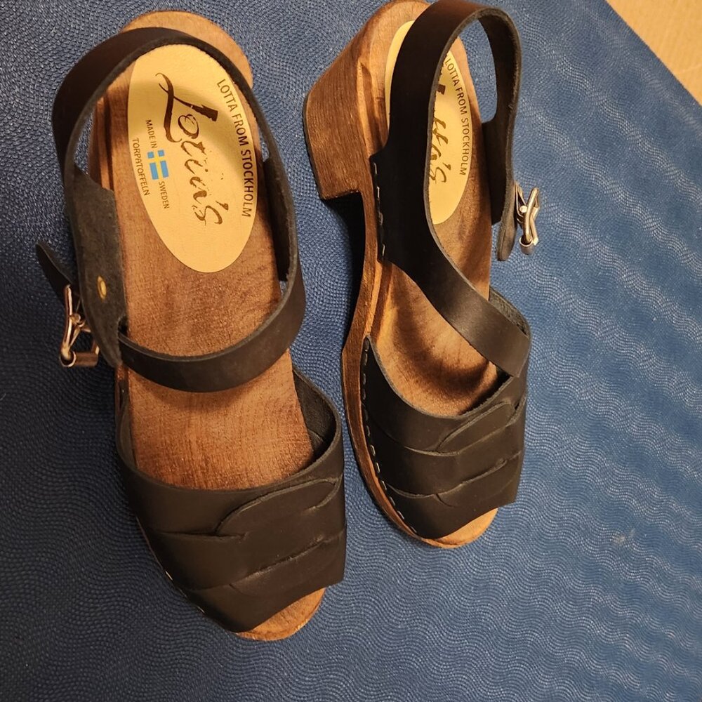 Lotta from Stockholm Peep Toe Clogs Black on Brown Base US 9.5 Eur 41 - Picture 2 of 7